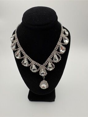 Crystal Teardrop Statement Necklace - Clear Rhinestone Bridal Choker